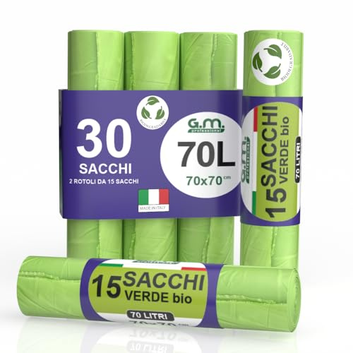 GM 30 Sacchi Spazzatura Verdi 70x70 cm Biodegradabili x Umido, Resistenti, 70 litri, Sacchetti Bio Compostabili x Ristoranti, Buste Immondizia per Rifiuti Organici, 2 Rotoli da 15 buste immondizia