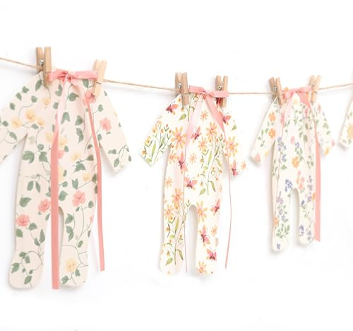 7pcs Neutral Baby Shower Bunting - Pink Baby Pajamas with Ribbon Bows, Gender-Revealing Neutral Party Supplies, Clothesline Birthday Party Banner (Baby Shower Banner Pink)