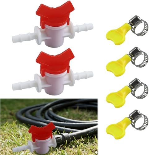 NineSSJLY 2er Set Gartenschlauch Regulierventil mit 4 Schlauchschellen – Absperrhahn 10 mm für Bewässerungssysteme, kompatibel mit Gardena Micro-Drip, für Garten, Terrasse, Gewächshaus