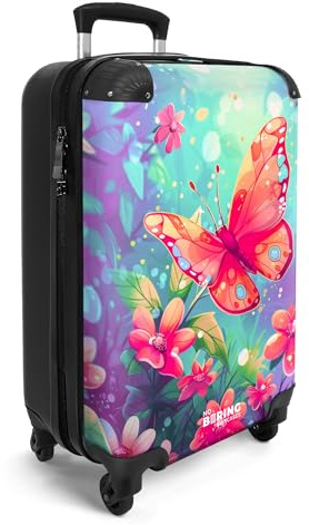 NoBoringSuitcases© Handgepäckskoffer Kinder Reisekoffer Kinderkoffer 4 | 55x35x20 cm - Rollen Leicht Koffer Cabin Trolley Hartschalenkoffer Kind Schmetterling - Blumen - Farbenfroh
