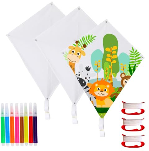 DASIAUTOEM Kinderdrachen Bausätze Bastelset, DIY Flugdrachen für Kinder, Einleiner Drachen Basteln Kite mit 8 Filzstiften, Kinder Drachen für Anfänger, Jungen Mädchen, Outdoor Spielzeug (6)