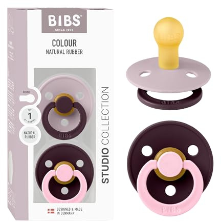 BIBS Colour Studio Schnuller 2er-Pack, BPA-frei, Kirschform Nippel. Naturkautschuk/Latex, Hergestellt in Dänemark, Größe 1 (0-6 Monate) - Dusky Lilac/Plum