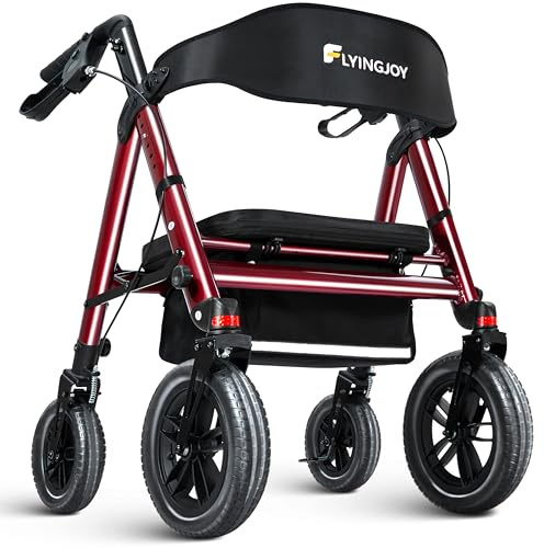 FlyingJoy Rollator Walker with Seat,12 Front Wheels 10 Rear Rolling Walker, Extra-Wide Heavy-Duty Rollator Walker with Seat and Brakes for Seniors and Adults Bariatric with Large Aluminum (Red)