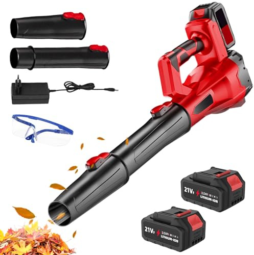 Soplador de hojas inalámbricas, 21 V, soplador de hojas muertas con batería y cargador, soplador de hojas muertas velocidad máxima 210 km/h, motor sin escobillas potente, ajuste de 6 velocidades (3
