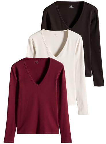 THE SET Mujeres Pack de 3 Camisetas acanaladas de Manga Larga con Cuello de Pico Chocolate Brown/Dark Red/Warm Stone M