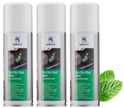 Normfest Viro Dry Shot – Klimaanlagenreiniger und Innenraum-Spray, trockene Vernebelung ohne Rückstände, neutralisiert Gerüche und Keime, Duftnote Minze, einfache Anwendung, 3x 100ml