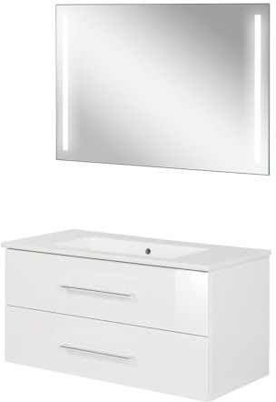 FACKELMANN B.Perfekt 3-teiliges Möbel-Set – Modernes Waschtischset mit Keramikbecken, rechteckigem LED-Spiegel und Unterschrank in Weiß – Made in Germany