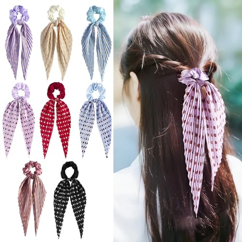 Ziyonix 8 Stück Chiffon Scrunchies Haargummi mit Schleife, Punkte Stern Muster Schleife Haarschmuck Elastischer Satin Chiffon Haargummis Pferdeschwanzhalter Gummibänder für Mädchen und Frauen