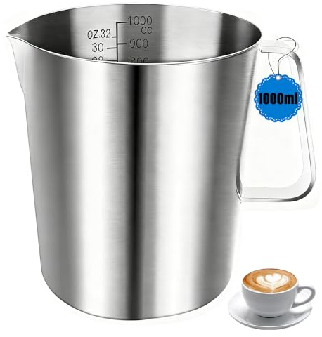 Vaso medidor de acero inoxidable de 1 L, vaso medidor de metal con marca y mango, sin BPA, acero inoxidable 304, jarra de metal para jarra de leche, cafetera y cubitera, apto para lavavajillas (1000