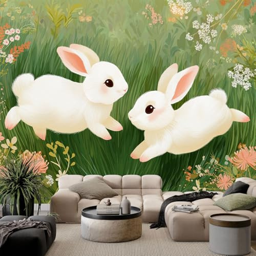 Carta Parati Murale Moderna Prato fiori selvatici coniglio 400x280 cm Fotomurale Poster Non Tessuto, Carta da Parati Panoramica 3D per Soggiorno, Camera Letto, Camera Bambini