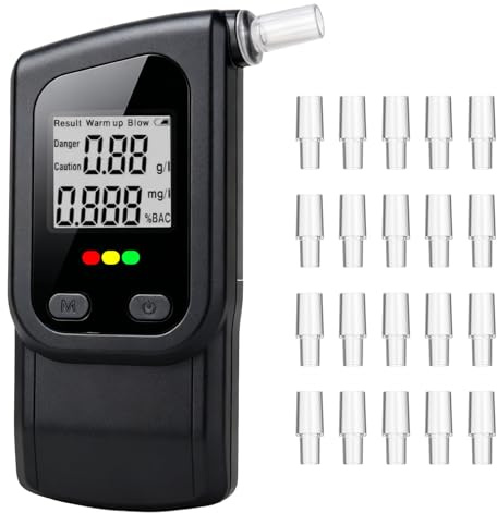 Lnopever Alkoholtester, promillemessgerät, Professioneller Promillemessgerät mit Digitaler LED-Anzeige, Alcohol Tester mit 20 Mundstücke, für Den privaten, familiären und beruflichen Gebrauch
