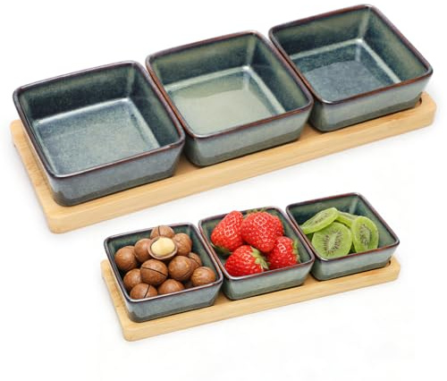 Tutamaz 3er Set Dipschalen aus Porzellan mit Holzbrett, 150ml Snackschalen mit Farbverlauf für Dip, Sauce, Snacks, Büro, Frühlingsfeste, Grillpartys, Party & Zuhause (Blauer Farbverlauf)