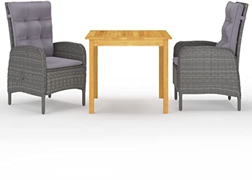 RMIHSJG Tavolo da pranzo da giardino grigio in legno di acacia e rattan PE con tavolo da pranzo e sedie a sdraio per esterni, gruppo di mobili resistente alle intemperie con comfort e spazio di