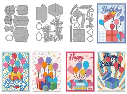 MAYJOYDIY 3D Geschenkboxen Metall Stanzen Schleife Ballon Stanzformen Text Happy Birthday Prägeschablone Karbonstahl Schneideschablonen für Kartenbasteln DIY Scrapbooking Album Geschenkdekoration