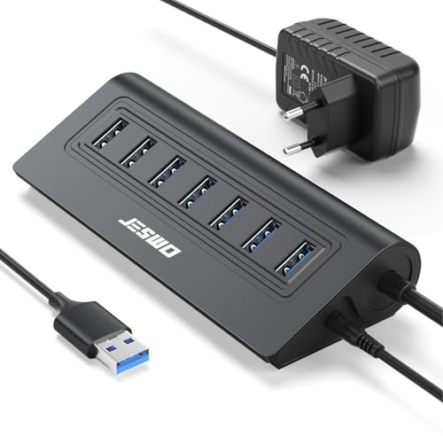 JESWO USB HUB Aktiv 3.0 mit Netzteil 20W, Aluminium USB 3.0 Hub 7-Port | USB Verteiler 5Gbps mit 5V/4A Netzteil und 100cm Kabel für PC Laptop Kompatibel Windows Mac OS