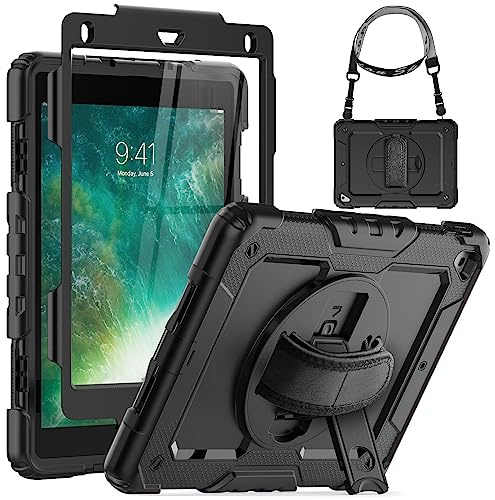 SEYMCY for iPad 6th/5th Generation Case Pro 9.7 Inch, iPad Air 2 Case | Full-body Shockproof with Screen Protector, 360° Rotating Stand & Hand Strap, Shoulder Strap, Black