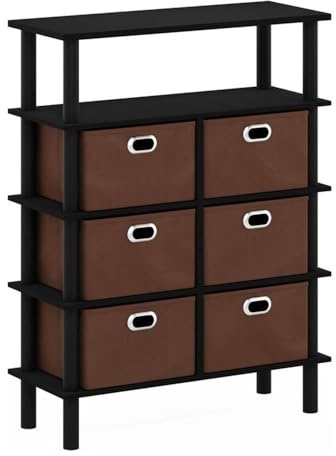 Furinno Frans Console Table with Bin Drawers, Engineered Wood, Chêne Noir/Noir/Brun
