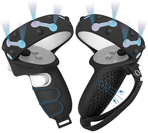 Vakdon Voller Schutz Touch Controller Griffabdeckung kompatibel für Quest 2, Silikon Schutzring Set Zubehör, Anti-Wurfgriff Chutzhülle mit Verstellbarem Handschlaufe, Quest 2 Zubehör (Schwarz)