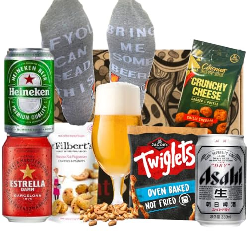 Ant&Chid The Assorted Hamper Craft Beer GiftSet Box for Men and Women|Lager Hamper Gift Set 3 BeerCans|1 x Tasting Glass|3 Assorted Delicious Snacks|1 x Beer Socks