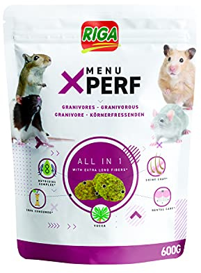 Riga -Menu X'Perf per roditori, criceti, topi, gerbilli, ratti -Miscela di cereali, verdure, olio di salmone ed estratti di manioca -Arricchito con prebiotici -Ideale per una pelliccia lucida -600g