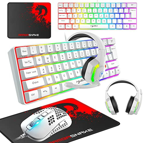 KUIYN Gaming-Tastatur, 60% kabelgebunden, kompakt, 61 Tasten, 11 RGB-Effekte mit vollen Tasten, Anti-Ghosting, kabelgebundene leichte Gamng-Maus, 2400 DPI, optische Wabenmaus, RGB-Headset und Mauspad