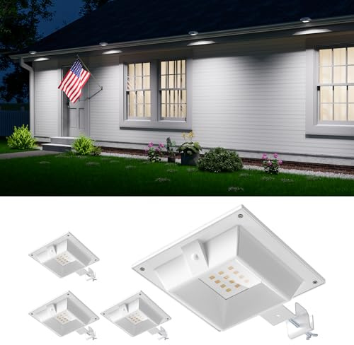 FALOVE 4 Pack Cool White Solar Power Gutter Mount Lights Outdoor Waterproof | 12 LED Yard Lamp for Lighting Fence, Railing, Outside Wall, Deck, Garden, Path, Garage, Walkway, Patio, Holeless Installation