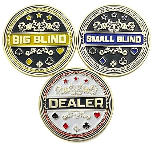 Luck Lab 3er Set Metall Poker Buttons - Händlerknopf, Big Blind und kleine Jalousie Metallgewichte (Positionsmarker) für Texas Hold Em - 4,4 cm