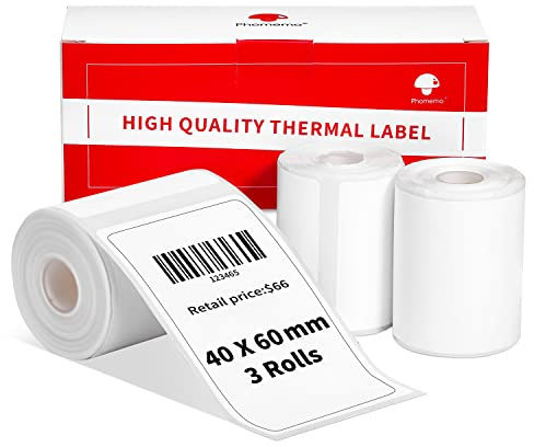 3 Rolls Phomemo M120/M110 Labels, 1.57 x 2.36 Inches (40 x 60 mm) Thermal Label Paper for Phomemo M120/M110/M200/M220 Label Printer, White Thermal Label Paper for Barcode, Address, Price