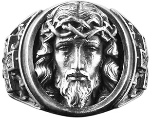 BySilverStone - Silberring Für Männer – Jesus Mit Dornenkrone-Ring, Jesus Mit Kreuz Gravierter Siegelring Für Männer, Christlicher Herrenring Aus Sterlingsilber, Glaube