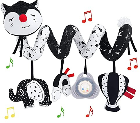 ORZIZRO Car Seat Toys, High Contrast Black and White Toy for Infants 0-3 6 12 Months, Musical Black Fox Carseat Toys Stroller Toy for Babies Newborns