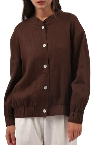 Amazhiyu Womens Linen Button Down Bomber Jacket Long Sleeve Casual Coat for Fall Brown, X-Large
