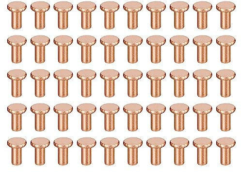 QUARKZMAN 50Pz Rame Solido Rivettoti, 3/32 x 13/64 Piatto Testa Rivetto Metallo Elementi Fissaggio per Applicazioni Elettriche, Forniture Lavorazione Pelle