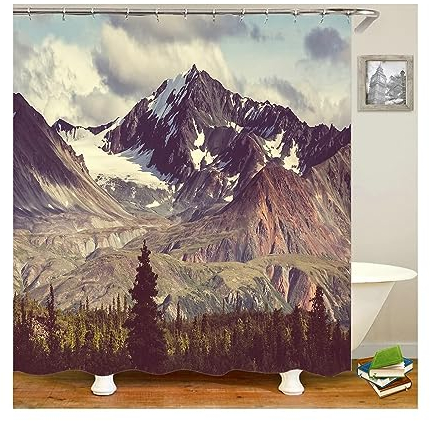Homxi Duschvorhang mit Ösen,165 W x 180 H cm,Grau Grün Duschvorhänge Schneeberg-Landschaft Duschvorhang Polyester Duschvorhang Haken Plastik