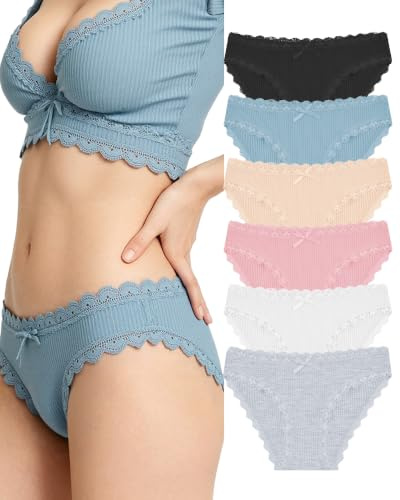 Power Flower Pack de 6 Bragas de Algodón para Mujer – Bragas de Encaje, Bragas Bikini Cómodas, Ropa Interior Transpirable y Elegante para el Día a Día (6471, L-XL)