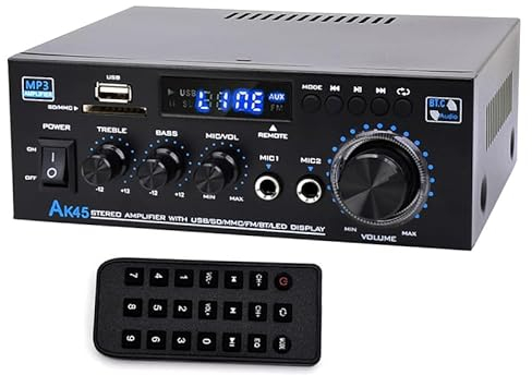 Woopker AK45 Amplificatore Audio Bluetooth 5.0, Amplificatore HiFi Stereo, 40wx2 potenza nominale 2.0 CH Mini Amplificatore Ricevitore Stereo Amp per auto Home Theater, W/2 Mic/SD/RCA/USB/FM Radio