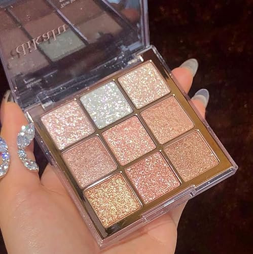 Glitter Eyeshadow Palette, Glitter Eye Shadow Pallets for Women, 9 Colour Shimmer Eyeshadow Make-Up Palettes, Waterproof Highly Pigmented Gold,Pink,White Eye Make-Up Palettes for Girls Make Up
