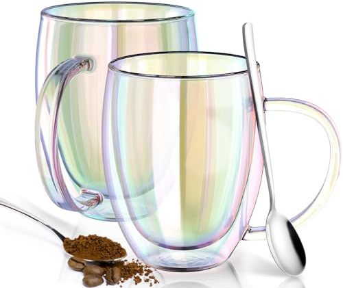 FULGNU Double Wall Glass Coffee Mugs Set of 2, 12 Oz Coffee Mugs with Handle Clear Iridescent Glass Cups, Perfect for Espresso, Cappuccino, Latte, Americano, Tea Bag, Beverage