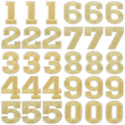 30 Stück Gold Aufbügeln Zahlen Bügelbilder Selbst Gestalten Zahlen Nummer 0 bis 9 Stoff Applikation für Kleidung Kleid Mütze Socken T-Shirt Jeans Tasche DIY Basteln Dekoration
