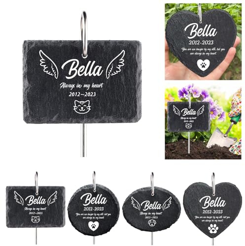 MJARTORIA Personalisiert Tiergrabstein Grabstein Hund Katze Grabplatte Grabstecker mit Gravur, Individuelles Grabschmuck Wetterfest Herz Grab Gedenkstein mit Namen Datum(Schwarz Eckig)