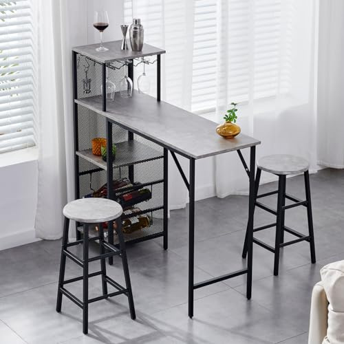 Homullel 3-Piece Bar Table Set, Breakfast Bar Table and 2 Stools Set with Wine Rack, Glass Holder, Shelves & Hooks, Counter Height Dining Table Set for Kitchen Living Room Dining Room Home Bar