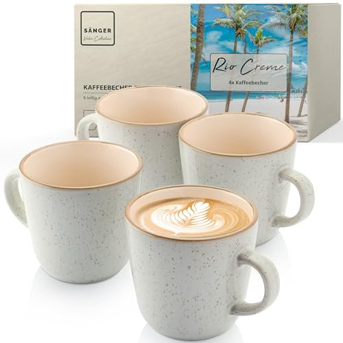SÄNGER Rio Creme | Kaffeebecher 4 teilig, Steingut Tassen Set für 4 Personen, Tassen multifunktional, spülmaschinen- mikrowellenfest, Coffee Mug, Kaffeetassen cremefarben 430 ml | VALUE COLLECTION