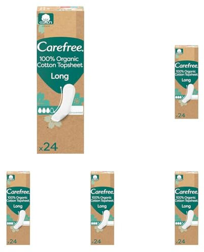 Carefree Slipeinlagen 100% Organic Cotton Topsheet Long (24 Stück), aus 100% zertifizierter Bio-Baumwolle für ein natürliches, trockenes Gefühl, Größe Long (Packung mit 5)
