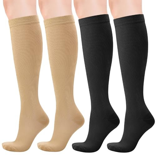 2 Pairs Compression Socks for Women&Men Medical Circulation 20-30 mmhg Flight Socks Knee High Compression Stockings for Athletic Nurse Running Travel (Black&Skin Colou, L/XL)