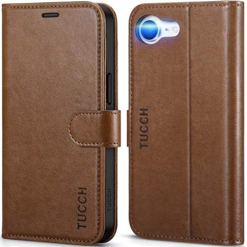 TUCCH Funda Cuero PU para iPhone 17e/16e 5G (6,1), Marrón | Flip Folio, Bloqueo RFID, Ranura para Tarjeta, Soporte Plegable, Cierre Magnético