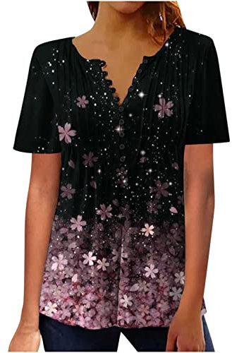 Tshirt Damen Leicht Und Luftig, Sale Angebote T-Shirt Mit V-Ausschnitt Und Knopfleiste Und Aufdruck, Günstig Bluse Weich Bequem, Shirt Top Casual Fashion, Oberteile Elegant Schick