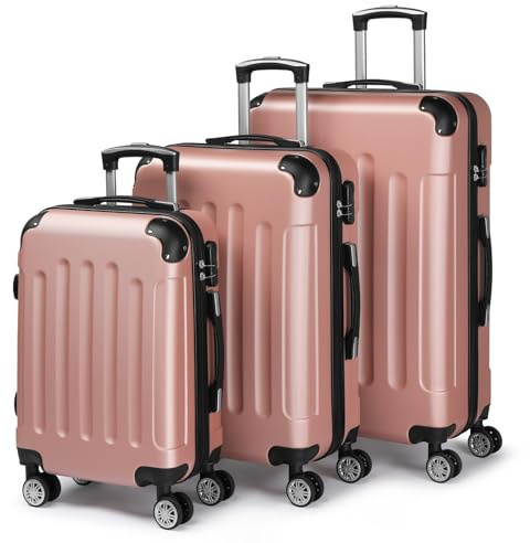 LEADZM Kofferset 3 teilig, Reisekoffer Set mit Eckenschutz, Koffer Set Hartschalen-Trolley aus ABS mit Teleskopgriff, Handgepäck (Roségold)