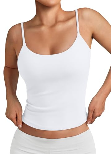 Trendy Queen Double Lined Adjustable Spaghetti Strap Tank Top for Women Cute Summer Basic Crop Top for Teen Workout Going Out White M