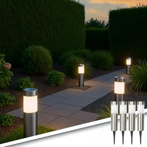 RexTech Solar Wegeleuchten Lucifer 4er-Set, Edelstahl, 3000K | Kunststoffkappe, Dämmerungssensor, wartungsarme Pfadbeleuchtung für Garten und Einfahrt