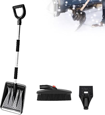 Pala de nieve portátil 3 en 1 con raspador de hielo y cepillo, herramienta quitanieves de acero inoxidable y plástico para coche y jardín (negro)