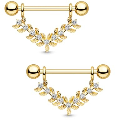 CM Crareesi Mania Nippelpiercing Gold Silber Blatt CZ Brustwarzenpiercing 14G/1.6mm Nippelpiercing Chirurgenstahl Nippel Barbells 316l Edelstahl Nippel Piercings für Frauen Männer